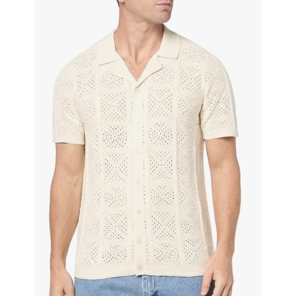 LUCKY BRAND Crochet Camp‎ Collar Short Sleeve Shirt Men's Size Med